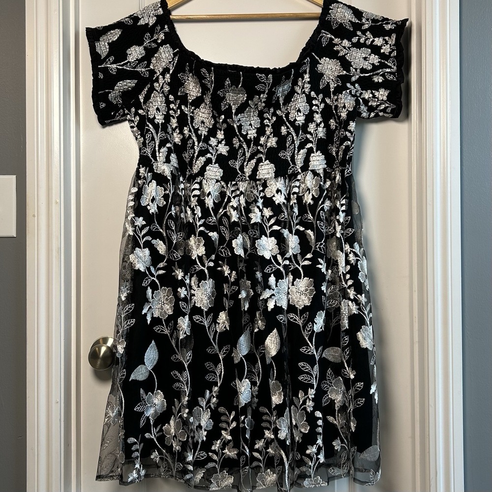 Torrid Black Floral Embroidered‎ Mesh Babydoll Dress Whimsigoth Dark Boho Style